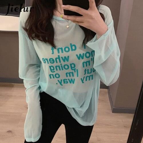 Jielur Letter Printed Ladies Long Sleeve Sun Protection Clothing Candy Sweet Loose Woman Tshirt Young Girls Poleras Mujer Pink