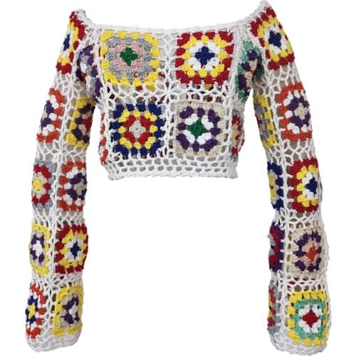 Hand Crochet Long Sleeve Crop Top Women Summer Cover UP Grandma Square Beach Bikini Top