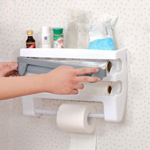 Kitchen 4 In 1 Wall-Mount Paper Towel Holder Sauce Bottle Storage Rack Plastic Film Cutter Towel Mutifunction Kitchen Organizer