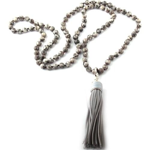 Fashion Bohemian Tribal Jewelry 108pc Mala Beads Multi Stone Knotted Leather Tassel Necklace Wome Yoga Necklace