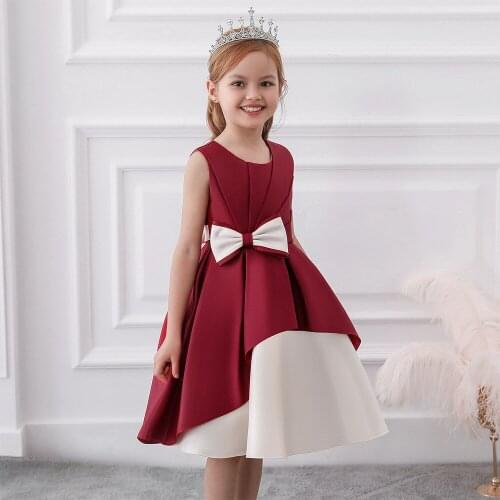 Girls Dress 2021 New Sleeveless Bow Stitched Evening Dress Piano Performance Flower Girl Princess Skirt