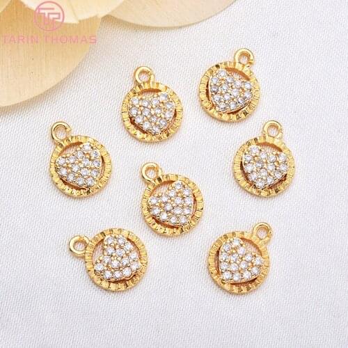 6pcs10 * 8 Mm 24K Gold Color Zircon Charms Pendants With Brass Round Heart-shaped High Quality Diy Jewelry Findings Accessories