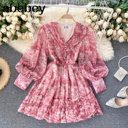Chiffon Floral Print Dress Female Spring Summer French Retro Super Fairy Sweet V-neck Short A-line Dress