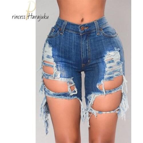High Waist Women Sexy Summer Clothing Denim Ripped Shorts Holes Draped Destroyed Stretch Bodycon Shorts Pencil Slim Club Street