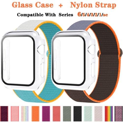 Glass+Case+Strap For Correa Apple Watch 42mm 44mm Nylon Sports Accessories Watchband Bracelet For Apple Watch Series 3 38mm 40mm