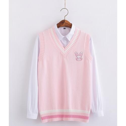 Pink Small rabbit Embroidery pattern Sweater vest high school Japanese-style knitting pullover