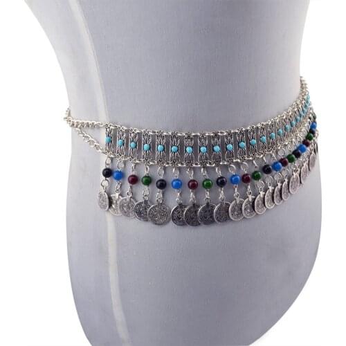 Boho vintage Silver Color Alloy Beaded Body Chain For Women statement Coin Carved Flower Waist Belly Chain Turkey Beach Jewelry