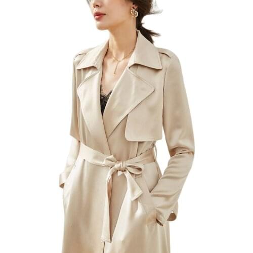 2021 Spring Autumn Female Casual Windbreaker Mid-length Satin Acetate Lace-up Epaulettes Temperament Khaki Acetate Windbreaker