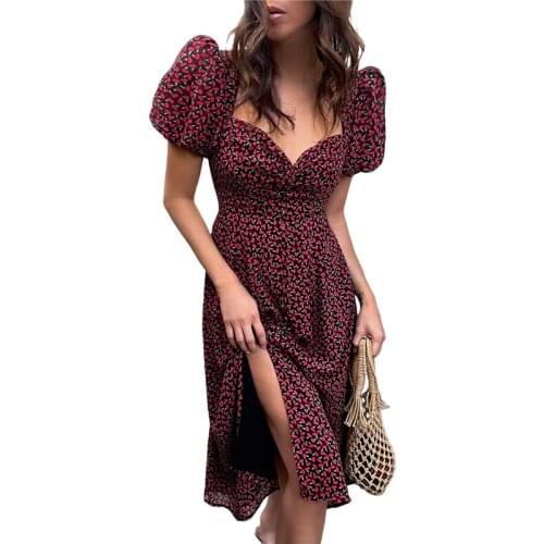 Xingqing Women Summer Floral Dress Adults Slim Fit Puff Sleeve V-Neck Slit Dress with Button Vintage Ladies Dresses Clubwear