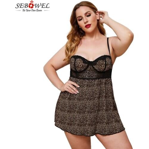 SEBOWEL Sexy Plus Size Womens Babydoll Dress with Thong 2pcs Set Leopard Print Lace Splicing Bra buckle Lingerie Nightdress 5XL
