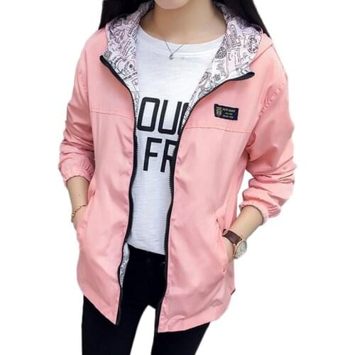 2021 Spring Autumn Fashion Women Bomber Women Jacket Pocket Zipper Hooded Two Side Wear Outwear Loose Plus Size Windbreaker