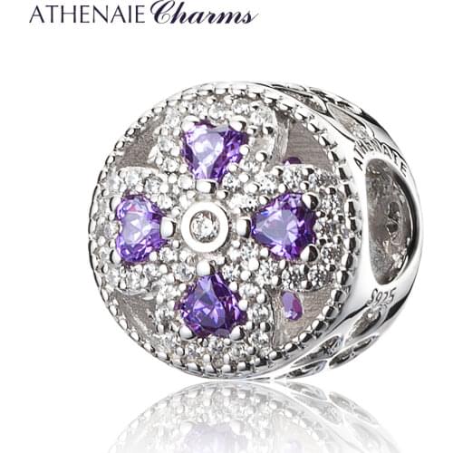 ATHENAIE 925 Sterling Silver Crystals & Clear CZ Crystalized Four-Leaf Clover Charm Fit European Bracelets Necklace Color Purple