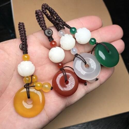 New Natural Agates Stone Round Pendant Handmade Carved Lotus Keychains Key Ring Key Holder for Women Car Bags Accessories