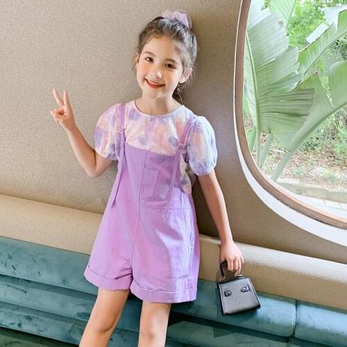 Toddler teens kids clothes girls summer clothes children short sleeve t-shirt + overalls 2pcs set girls outfits free shipping