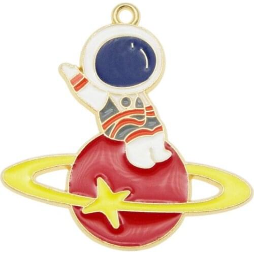 Julie Wang 4PCS Enamel Cartoon Astronaunt Charms Alloy Space Man Sitting On The Red Planet Pendant Jewelry Making Accessory