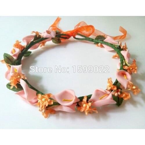 Artificial Babys Breath Floral Crown Orange Bridal Headdress Flower Circlet Calla Lily Wedding Accessories Photo Shoot Props