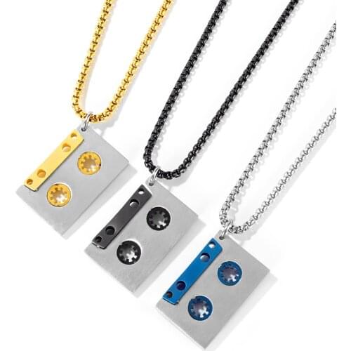 Stainless Steel Punk Rock Audio Cassette Mens Pendant Necklace Jewelry Blue Gold Black Magnetic Tape Necklaces Gift For Him