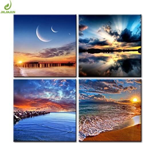 JHLJIAJUN 4 Piece Dawn Beach Sea Canvas Art Decoration Home Modular Picture Art Decorative Bedroom Home Decor Nordic Picture
