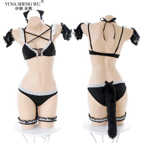 Lolita Cat Bikini Bra Tail Panty Set Lovely Cosplay Maid Cartoon Kawaii Women Sexy Lingerie Set Top Thong Leg Ring Headwear