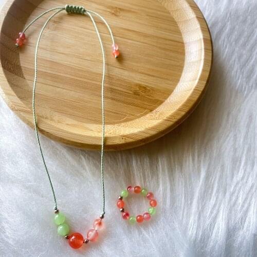 Sweet Girls Jewelry Set Elastic Beads Rings Green Rope Natural Stones Necklace Women Aesthetic Accessories Gift for Girlfriend