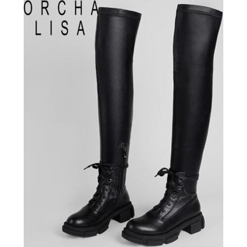 ORCHALISA Slim Flat Thigh High Boots Platform Women Slim Thick Sole Over The Knee Boots Women Shoes Black Winter Long Boots Cool