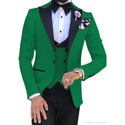 Custom Made Men Suits Green and Black Groom Tuxedos Peak Lapel Groomsmen 3 Pieces ( Jacket+Pants+Vest+Bow Tie ) D267