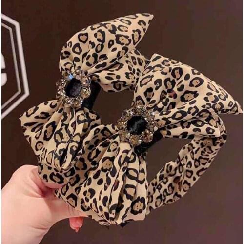 New Leopard Print Bow Headbands Hair Accessories Hair Ties Top-grade Rhinestone Bowknot Leopard Hair Clips Headdress Wholesale