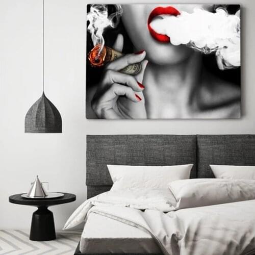 Retro Red Lip Smoking Girl Poster and Prints on The Wall Canvas Painting Wall Art Decorative Picture for Living Room Home Decor