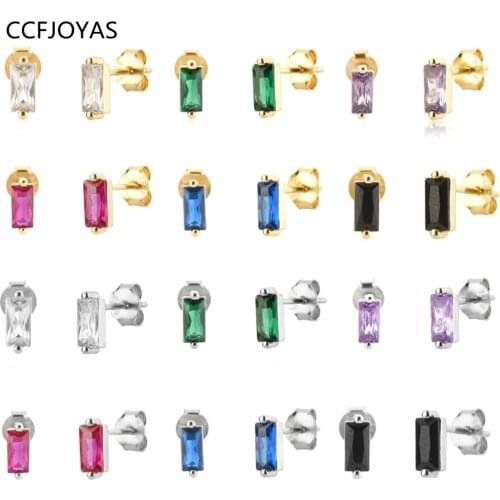 CCFJOYAS 925 Sterling Silver 6/12pair Set Gold Silver Color Mini Rectangle Zircon Stud Earring for Women Earrings Jewelry Set