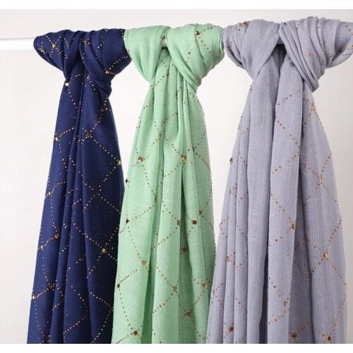 High Quality Muslim Cotton Linen Hijabs Solid Color Scarf Sprinkle Gold Powder Shawl Wrap Hot Drilling Headband Foulard