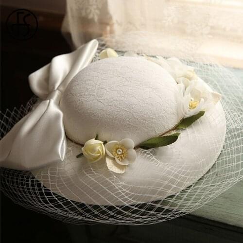 FS Wide Brim White Fedora Hats For Women Summer Sun Flower Wedding Hat Ladies Party Church Hats Bow Cloche Hat