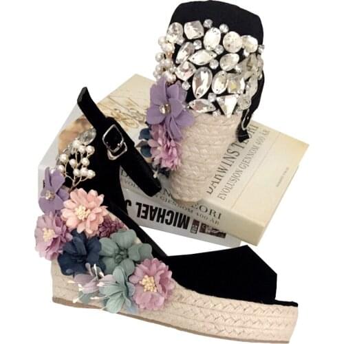 Womens Peep Toe Beads Flowers DIY Diamond Platform Wedge High Heel Shoes Sandals Ankle Buckle Suede Black Plus Size B218