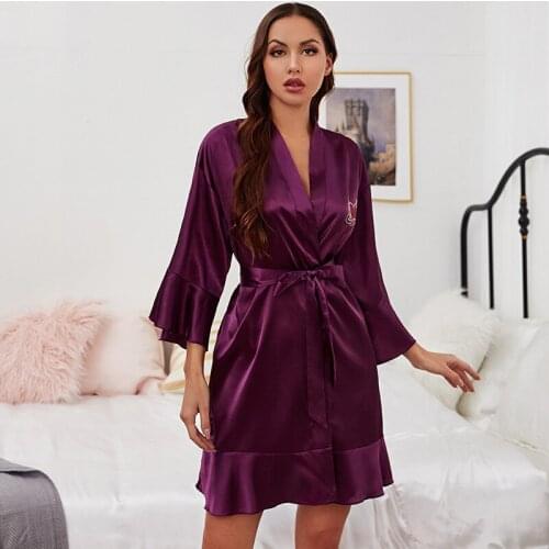 Wasteheart Summer New Fashion Red Pink Sexy Women Robe Lingerie Sleepwear Mini Faux Silk Nightwear Plus Size Woven Robes