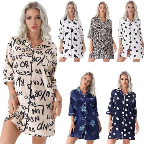 Plus Size Satin Dress Women Stylish Print Notched Collar Nightdress Casual Loose 3/4 Sleeve Shirt Dress Homewear Sleepwear New