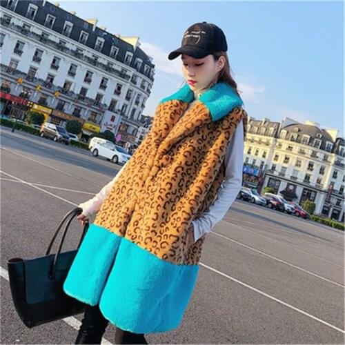 2021 Winter Fashion New Mid-Length Lapel Waistcoat Stitching Leopard Print Thick Warmth Imitation Fur Vest Jacket Women Trendy