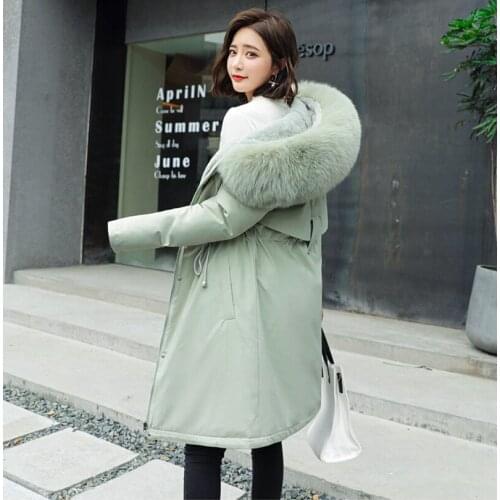 Winter Wear Parka Coat Women Jacket Cotton Liner Fashion Adjustable Waist Fur Collar Medium Long Hooded Parka Coat A042