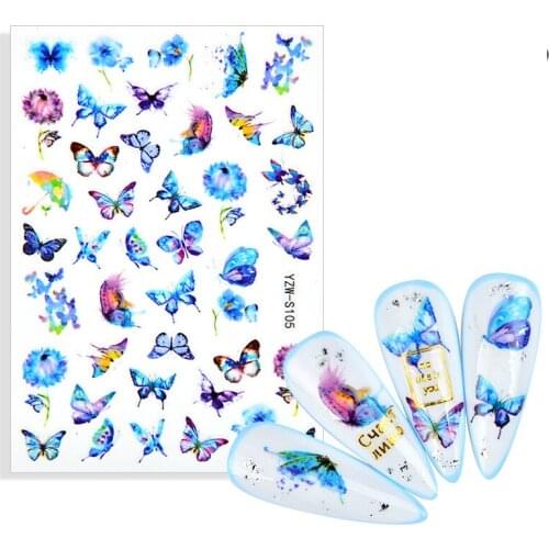 1 Sheet 2021 New Designs Nail Stickers Blue Butterfly Flower Art Sticker With Adhesive DIY Extension Nail Decoration Decals