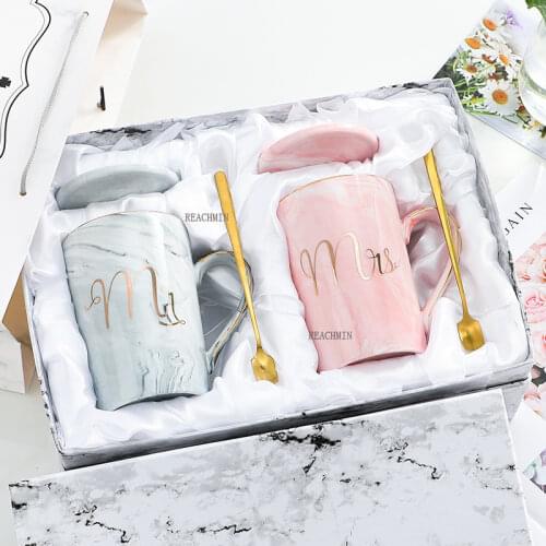 2 Pcs/Set Mugs Set Unique Mugs for Lover Marbling Mugs Ceramic Couples Cups Special Mugs Christmas Gifts 400ML(Pink Grey)