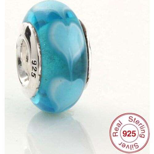 49036 Blue Heart Murano Beads Fits Pandora Bracelets 100% Genuine 925 Sterling Silver Screw Thread Glass Charms for DIY Making