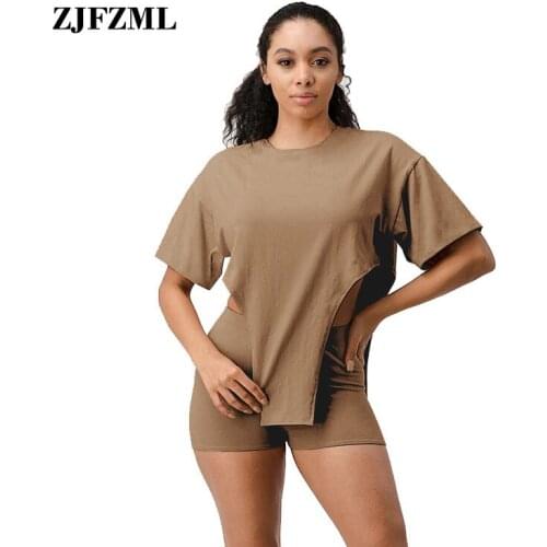 Irregular Shape Simple 2 Piece Club Outfits Women Short Sleeve Loose T-shirts and Skinny Biker Short Active Wear Outgoing Suit