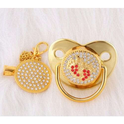 Luxury Bling Baby Pacifier Clip Chains BPA Free Safe Newborn Dummy Nipple Red Footprint Shape Crystal Diamond Infant Soother