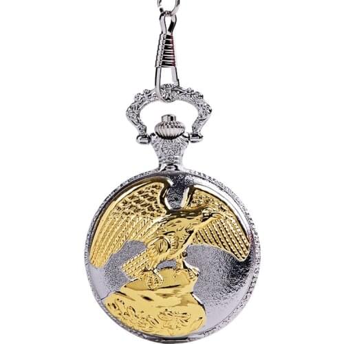 1028Fashion vintage gold and silver eagle flying white digital face open pocket watch with chain