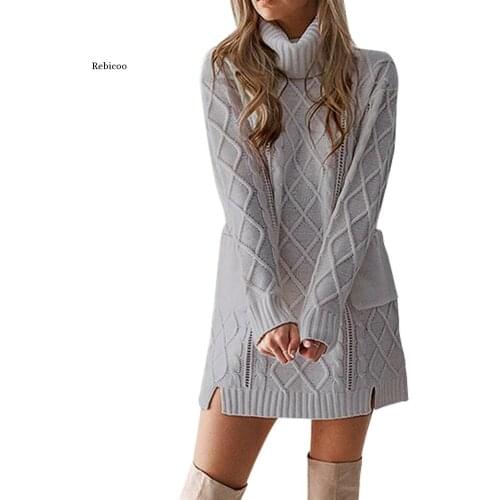Elegant dress women Winter Sweater Knit Turtleneck Warm Long Sleeve Pocket Sexy Mini Dress party dress 2021