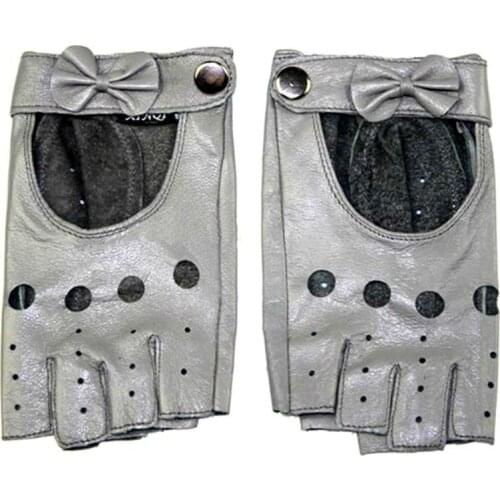 Leather half finger glove female fashion thin hollow style short outdoor sports ride driving lady no finger sheepskin gloves