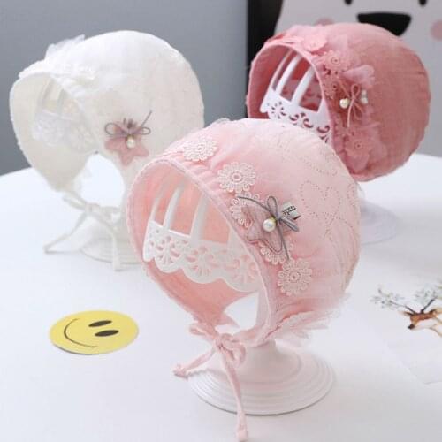 Newborn Lace Cotton Kids Hat with Strap Baby Princess Cap Infant Baby Bonnet Summer Sun Hat 3 Colors