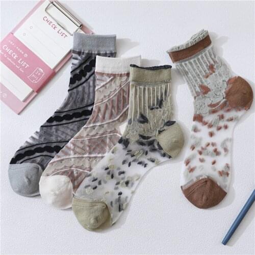 Summer Ultra Thin Glass Filament Socks Women Retro Flower Crystal Silk Socks Girls Chic Stripe Transparent Nylon Sock Female Sox