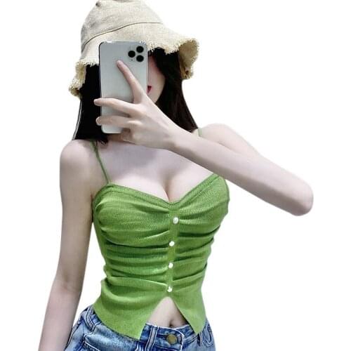 Summer Korean Style Fashion Sexy Solid Color Split Design Knitted Sleeveless Short Style Camisole Vest