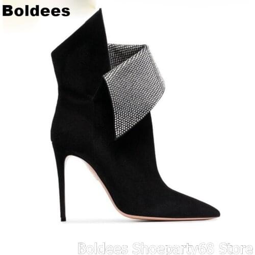 Fashion Black Suede Leather Poointed Toe Bling Bling Rhinestones Women High Heels Ankle Boots Sexy Stiletto Women Party Shoes