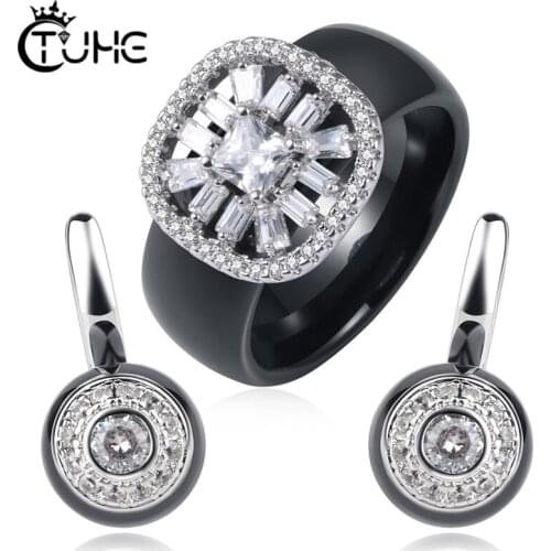 Fashion Women Jewelry Sets For Women Black White Square Crystal Ceracmi Rings Earrings bijoux femme Christmas Gift