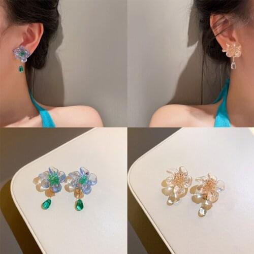 New Acrylic Flower Clip Earrings With Water Drop Dangle Charm Earrings For Women Girl Blue Yellow Floral Fashion Jewelry
